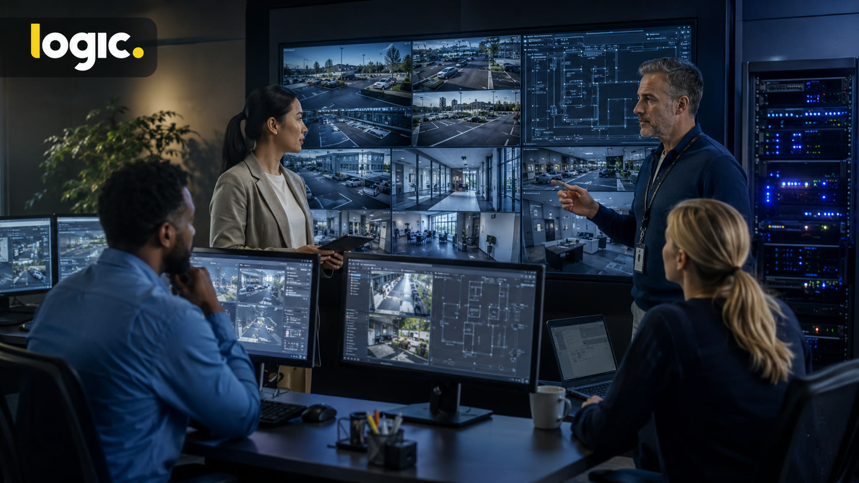 Professional reviewing multi-site commercial security camera rollout
