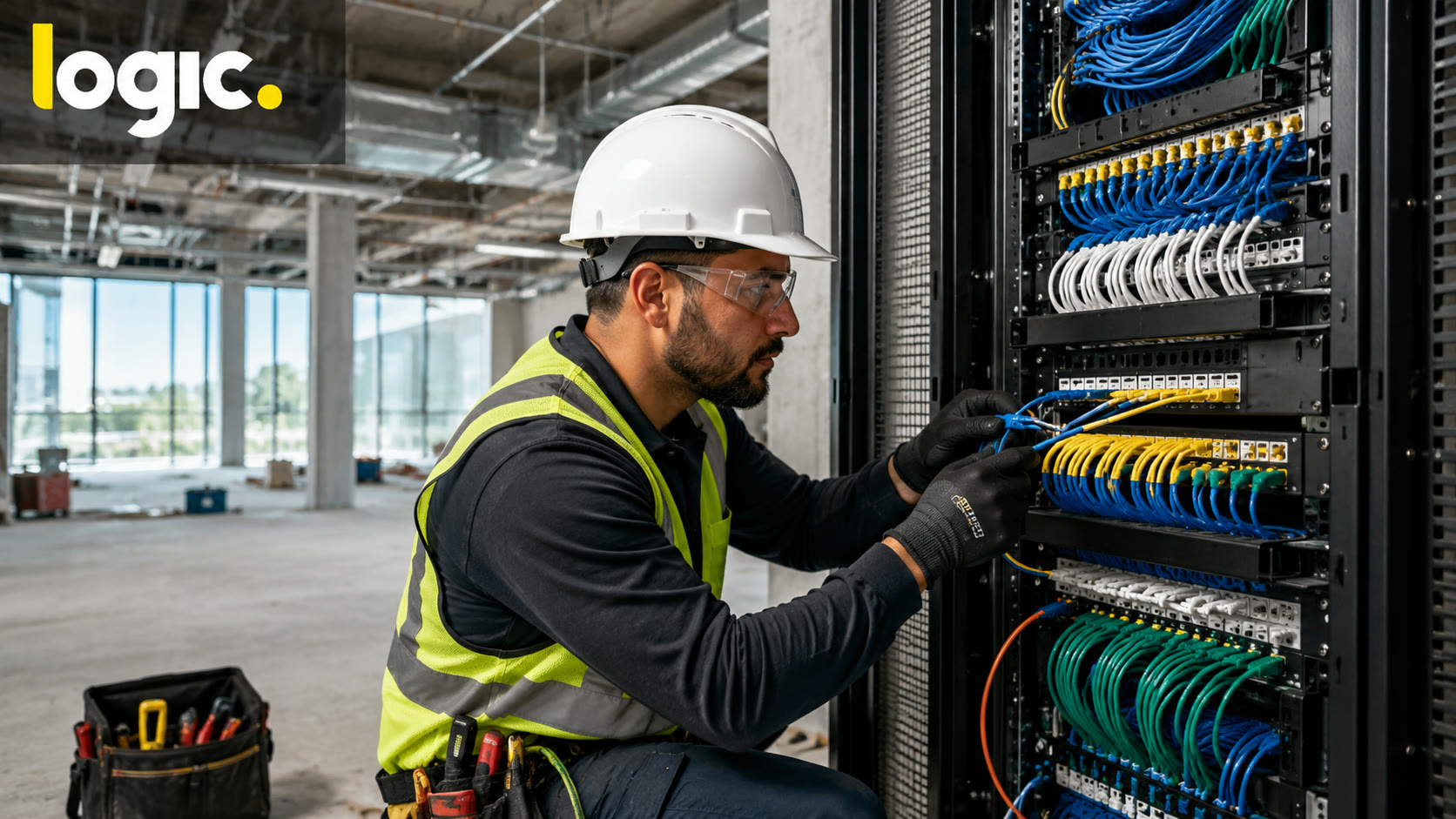 Professional reviewing structured cabling for new commercial buildings